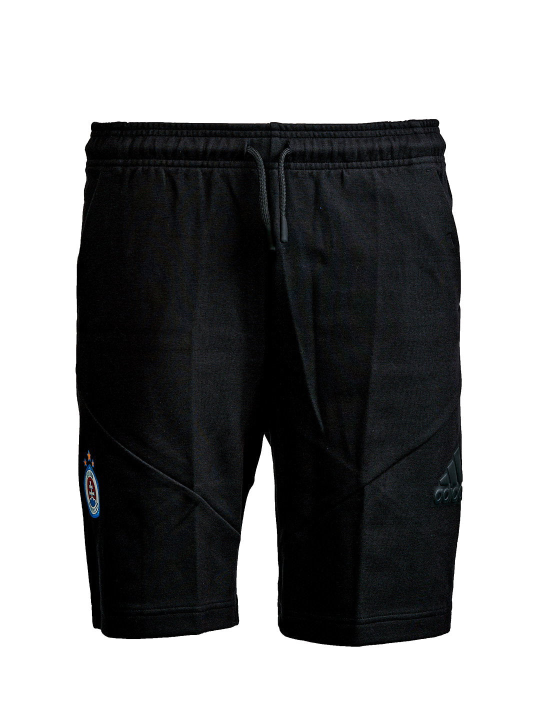 Adidas men's black shorts with a colorful logo