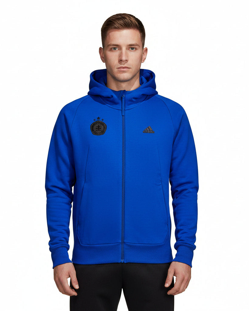 Royal blue adidas zip-up hoodie with a black logo
